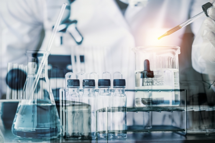 scientist with equipment and science experiments ,Laboratory glassware containing chemical liquid, science research,science background
